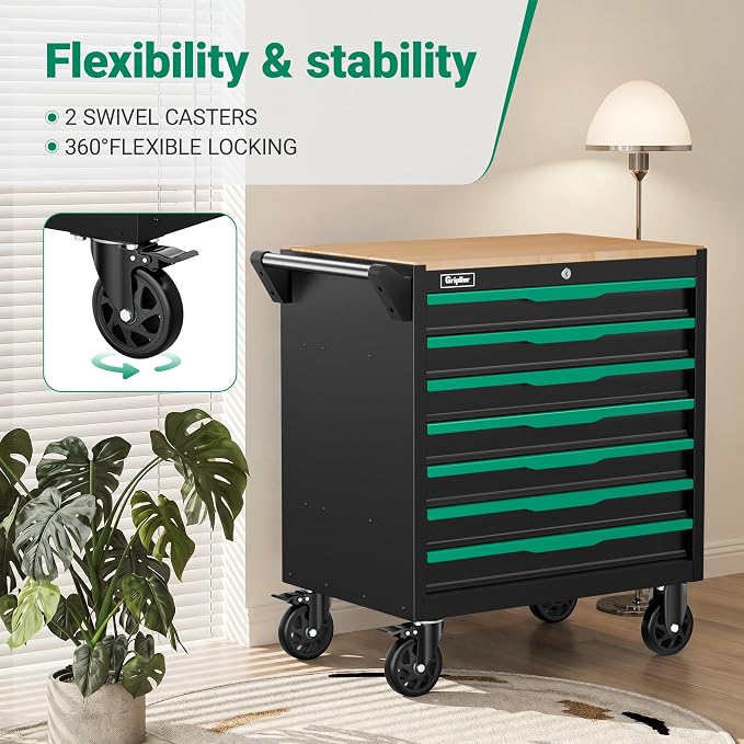 7-Drawer Tool Chest with Wood Top, 31.3W x 18.9D x 32.3H inches, Black and Green，Locking Rolling Tool Box with Wheels,Mechanic Tool Cabinets for Garage, Warehouse,Repair Shop(7 Drawers)