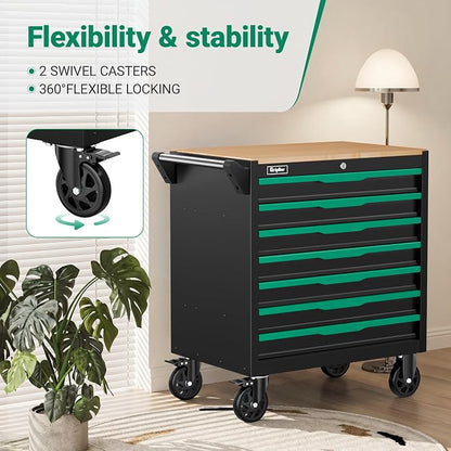 7-Drawer Tool Chest with Wood Top, 31.3W x 18.9D x 32.3H inches, Black and Green，Locking Rolling Tool Box with Wheels,Mechanic Tool Cabinets for Garage, Warehouse,Repair Shop(7 Drawers)