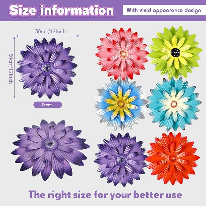 Zhehao 6 Pcs Metal Flower Wall Art Decor 12 Inch Sunflower Wall Decorations Hanging Outdoor Art Multicolored Handmade Metal Flowers Outdoor Decor(Vivid Color)