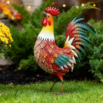 Metal Rooster Yard Decor, 21" Outdoor Garden Statues for Patio | Durable Metal with Hand-Painted Finish, Farmhouse Rooster Chicken Decor for Yard, Garden, Patio, Porch & Kitchen