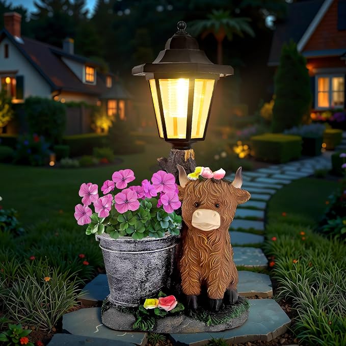 Solar Highland Cow Outdoor Garden Statues with Flowerpot & Lantern Decor | Highland Cow Figurine for Yard Art Lawn Ornaments Porch Patio Balcony - Birthday Gifts for Women Mom
