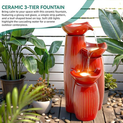 30" H Ceramic Outdoor Water Fountain with LED Lights, 3-Tier Cascading Lotus Bowls Water Feature, Tranquil Waterfall for Relaxing Garden, Patio, Yard, Terracotta Red, Vertical Striped Texture