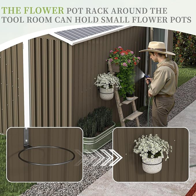 YOPTO 12X10 FT Metal Outdoor Storage Shed W/Flower Pot Stand,Brown | 3 Lockable Doors,Air Vent,Sloped Roof,Reinforced Structure,Waterproof Outdoor Shed for Garden,Patio,Backyard,Lawn