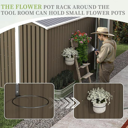 YOPTO 12X10 FT Metal Outdoor Storage Shed W/Flower Pot Stand,Brown | 3 Lockable Doors,Air Vent,Sloped Roof,Reinforced Structure,Waterproof Outdoor Shed for Garden,Patio,Backyard,Lawn