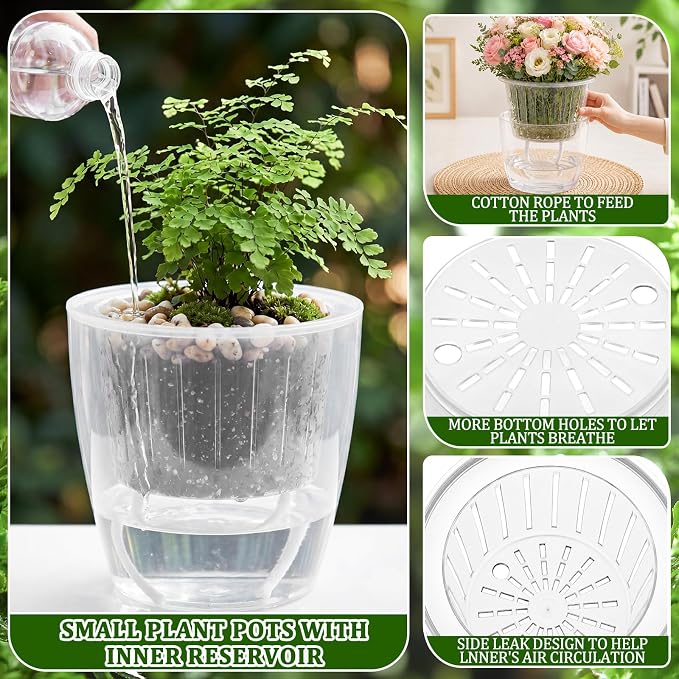 12 Pcs Self Watering Pots, 6.7 Inch Plastic Flower Plant Pot with Inner Pot Self Watering Wick Planter Clear Flower Pots for Indoor House Plants Herbs, Flowers, Succulents (Transparent)