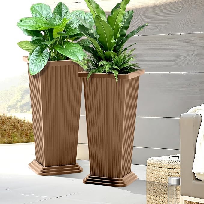 FENCY Set of 2 Tall Planters for Outdoor Plants, Brown Ribbed | 24 Inch, with Drainage Hole & Trays, Plastic Tapered Pots, Weather-Resistant, Front Door Decor