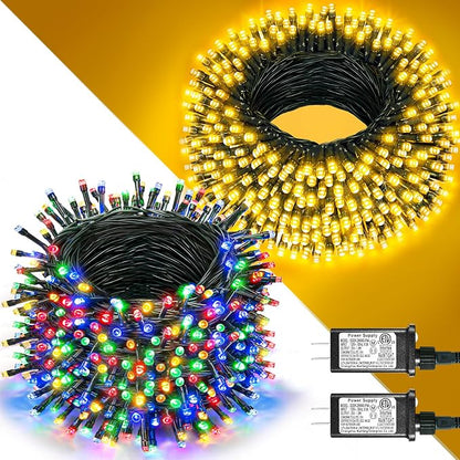 2 Pack Christmas Lights Outdoor, Total 200FT 600LED Christmas Tree Lights Waterproof, 8 Modes Connectable String Lights for Outside Indoor Patio Party Decor, 1 Pack Warm White & 1 Pack Multicolor