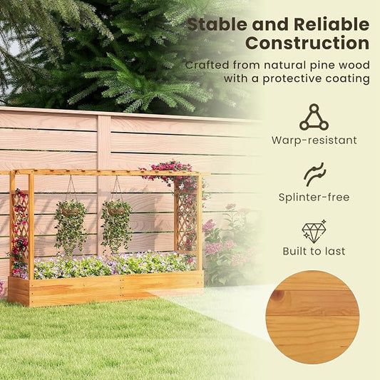 S AFSTAR 2 Pieces Wooden Raised Garden Bed with Trellis, 45" Elevated Planter Box with Hanging Roof & Open-Ended Base for Climbing Vine Flower Herb Vegetable, Outdoor Plant Container for Patio & Yard