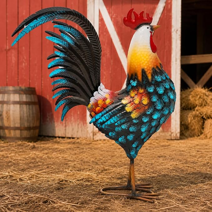 32" Majestic Metal Rooster Yard Decor, Large Outdoor Garden Statue | Outdoor Chicken Sculpture, 3D Hand-Painted, Rustic Farmhouse Style, Weather Resistant Iron, Backyard Patio Lawn Garden