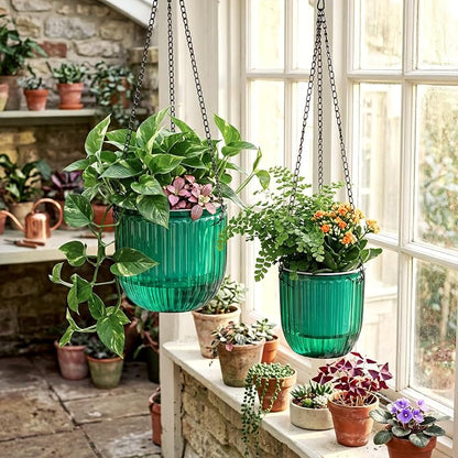 Maxcheck 2 Pcs Self Watering Hanging Planters Indoor Gift 6.5'' 4.5'' Hanging Flower Pots Baskets Outdoor Emerald Self Watering Plant with 2 Hooks Drainage Holes for Home