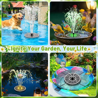 Solar Fountain with 3 Spray Height, Colorful Led Lights, 3.5W Glass Solar Bird Bath Water Fountain with 2000mAh Battery, 4 Rotating Rods and 7 Nozzles for Hummingbird Bathing, Outdoor Décor