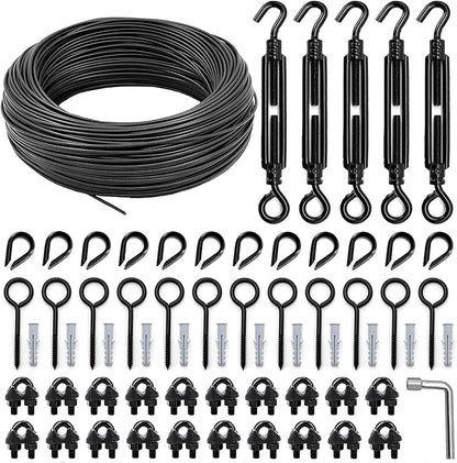 String Light Hanging Kit, All-Black Globe String Lights Suspension Kit w/ 164FT PVC Coated Steel Cable & Enough Accessories, Guide Wire for Outdoor String Lights, Patio Lights, Camping Light