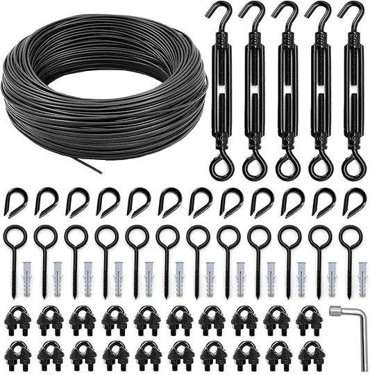 String Light Hanging Kit, All-Black Globe String Lights Suspension Kit w/ 164FT PVC Coated Steel Cable & Enough Accessories, Guide Wire for Outdoor String Lights, Patio Lights, Camping Light