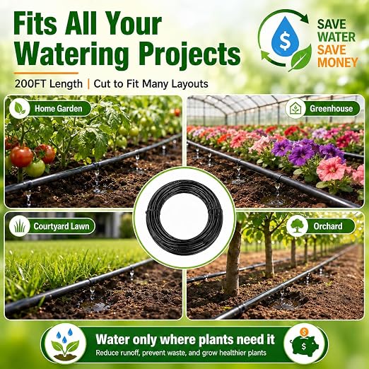 1/4 Drip Irrigation Tubing 200FT, Dripline Tubing with 6 Inch Emitter Spacing, Built-in 0.5 GPH Drippers, 1/4 Irrigation Tubing Drip Line with Fittings and End Plugs for Raised Beds, Garden Rows