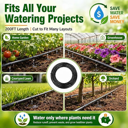 1/4 Drip Irrigation Tubing 200FT, Dripline Tubing with 6 Inch Emitter Spacing, Built-in 0.5 GPH Drippers, 1/4 Irrigation Tubing Drip Line with Fittings and End Plugs for Raised Beds, Garden Rows