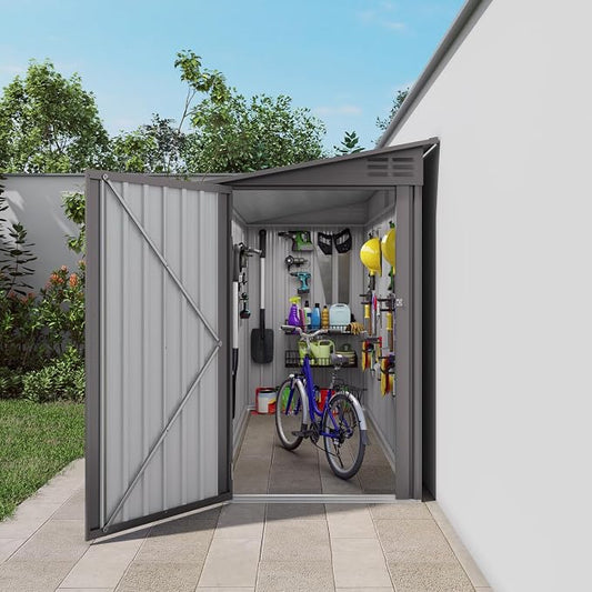 Outdoor Metal Storage Shed, Galvanized Steel Garden Shed with Sloped Roof & Air Vents, Waterproof Rust-Resistant Backyard Tool Storage House for Patio Lawn Garden Trash Can Storage, Easy Assembly