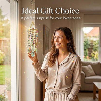 HDCRYSTALGIFTS Crystal Suncatchers for Window Hanging Glass Wind Chime Style Garden Sun Catchers with Crystals Prisms Rainbow Maker Indoor Outdoor Decor Handmade Gold Plated