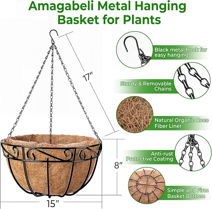 AMAGABELI GARDEN & HOME 4 Pack 15 Inch Metal Plant Hanging Baskets Planter Flower Pots Outdoor Indoor Wire Hanging Basket for Vegetable with Coco Fiber Liners for Garden Home Porch Decor