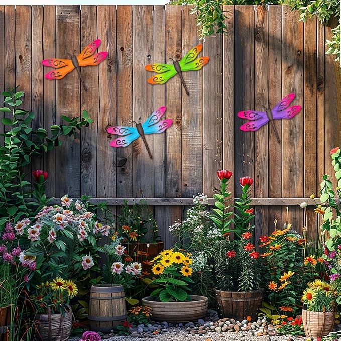 Outdoor Dragonfly Wall Decor, 4 Pcs 14.5‘’ Metal Dragonfly Wall Art Hanging Sculpture Decorations for Outside Yard Patio Fence Garden Exterior Decor