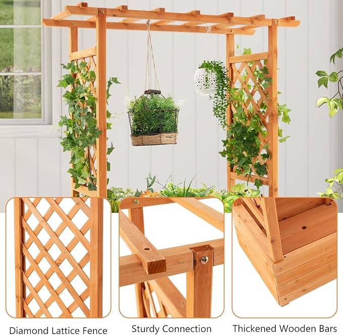 ORALNER Raised Garden Bed with Trellis, Wooden Planter Box with Climbing Frame, Outdoor Elevated Garden Box for Vegetables, Herbs, Flowers, Fruits (Small)