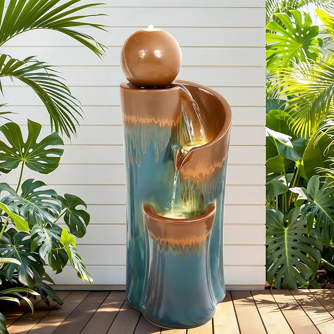 32" Ceramic Outdoor Water Fountain w/LED, Teal & Copper Water Feature | high-fired ceramic water fountain outdoor garden decor, lighted cascading waterfall, tranquil oasis for patio, yard, porch