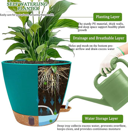 2 Pack 8 inch Plant Pots, Plastic Self Watering Planters with Drainage Holes, Deep Reservoir, Water Level Indicator, Modern Decorative Flower Pots for Indoor Outdoor Plants (Turquoise)