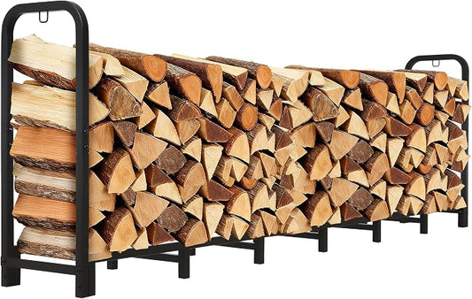Firewood Rack Outdoor 8 FT - Adjustable Length (2.6-8ft), Holds 1/2 Face Cord Firewood, Heavy Duty Log Holder with 14 Support Legs for Backyard Fire Pit & Indoor Fireplace,Black