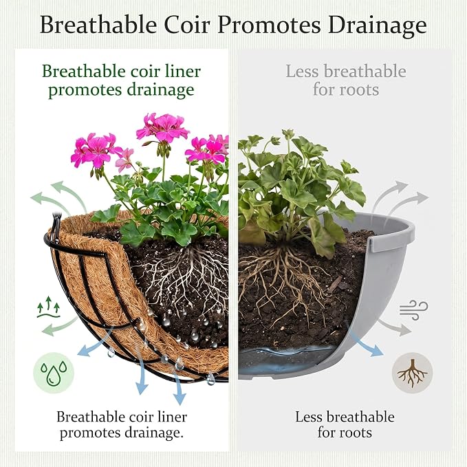 Kingbuy 10 Inch Metal Hanging Planter Basket with Coconut Fiber Liner Round Wire Hanging Plant Flower Pot for Home Garden Patio Decoration, Grid Pattern, 2 Pack