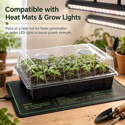 Gardzen 5-Pack Seed Starter Kits, Reusable Plant Germination Trays with Total 75-Cell, Seed Starter Tray with Humidity Vented Domes and Bases for Starting Vegetable Flower Herb Seeds 15" x 9", Black