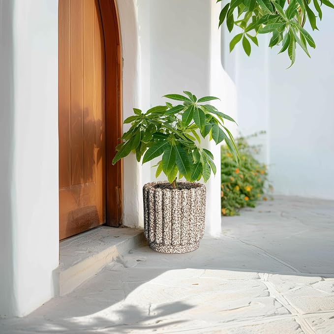 Ceramicfor Ceramic Planter, 9.6 Inch, Leopard Print White | Round Fluted Design, Drainage Hole, Indoor & Outdoor Use, Home Decor