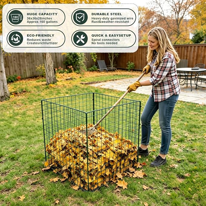 Large Compost Bin Outdoor, Square Mesh Garden Wire Compost Bin for Stacking Leaves and Yard Waste Green 36X36X28 Inches