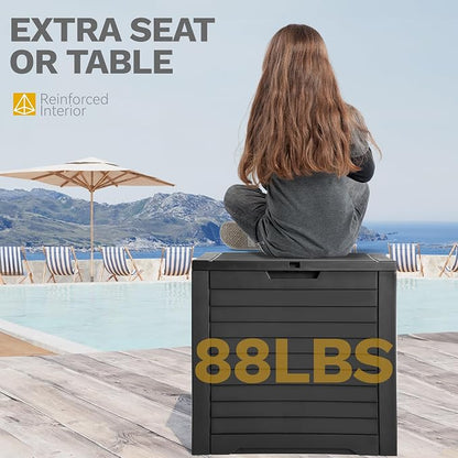 DWVO Louvered Large Deck Box, 35 Gallon Resin Outdoor Storage Box w/Lockable Lid and Side Handles for Patio Furniture, Garden Tools and Pool Supplies,Waterproof and UV Resistant, Black