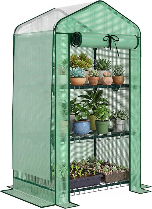 Outsunny 3 Tier Mini Greenhouse with Screen Roof, 27.6" x 19.7" x 50", Portable Small Greenhouse with High Strength PE Cover, Roll-Up Zipper Door for Garden Yard Backyard, Green