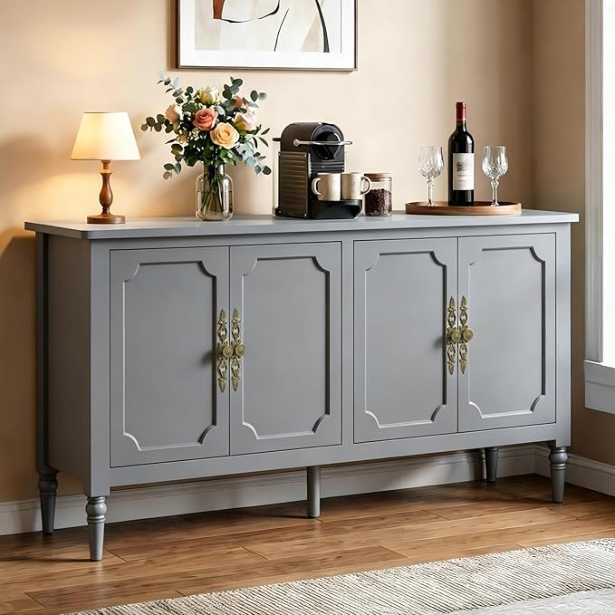 RoyalCraft Buffet Cabinet with Storage, 59" Vintage Sideboard with Adjustable Shelves, Mid Century Modern Painted Credenza Coffee Bar for Kitchen, Dining Room, Entryway, Living Room, Dove Gray