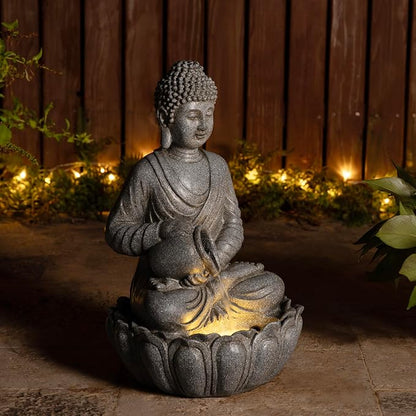 Glitzhome 20.5" Zen Buddha Fountain, Outdoor Water Fountain with LED Light, Polyresin Stone Powder Concrete Finish Meditating Buddha Statue for Garden Patio Yard Deck, 4 Warm LED Lights