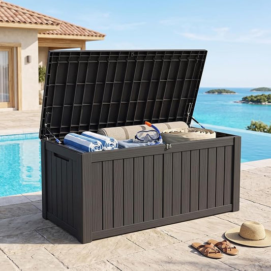 Outdoor Storage Box, 150 Gallon Waterproof Deck Box [Upgraded 3.0], Piston-Assisted Resin Trunk for Sectional Sofa Cushions, High-Capacity Lockable Double Storage Bench, Patio Lounge, Black