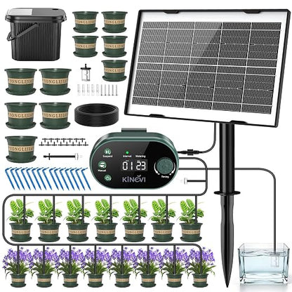 Solar Drip Irrigation System Kit, Auto Watering Kit for 15 Pots, 3W Solar Powered Auto Easy DIY Watering Device,22 Timing Modes with with Anti-Siphoning Device & Buckets and Flower Pots