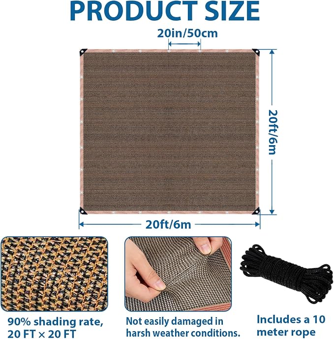 90% Outdoor Sun Shade Cloth, 20 x 20 FT Pergola Shade Cover with Grommets, Privacy Screen Sunshades for Patio Garden Backyard Plant, Mocha