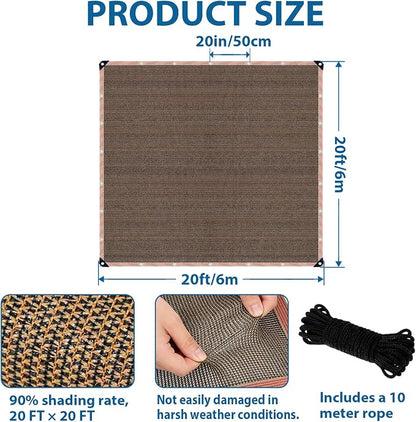 90% Outdoor Sun Shade Cloth, 20 x 20 FT Pergola Shade Cover with Grommets, Privacy Screen Sunshades for Patio Garden Backyard Plant, Mocha