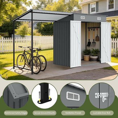KEIKI 12x4 FT Metal Garden Shed with Pergola, 6x4 FT Outdoor Storage Shed & Backyard Gazebo Combo, 2-in-1 Patio Tool Shed with Open Side, Heavy-Duty Steel Frame, All-Weather, Easy Assembly, Gray