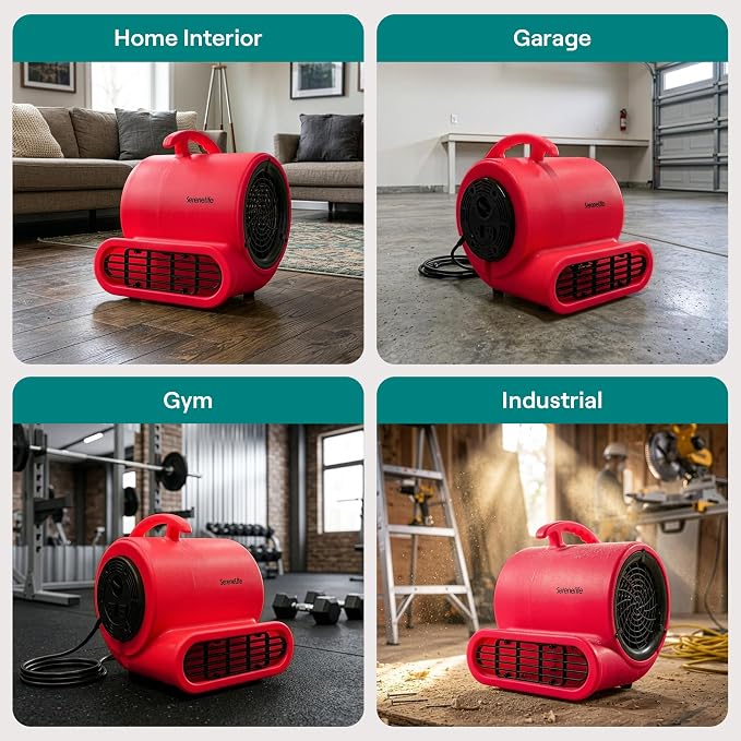 SereneLife Air Mover Blower Fan 1000 CFM – Powerful High Performance 3-Speed Fan for Floor & Carpet Drying, Portable Floor Fan w/Adjustable Tilt, Plug Multiple Units for Home Garage & Restoration Use