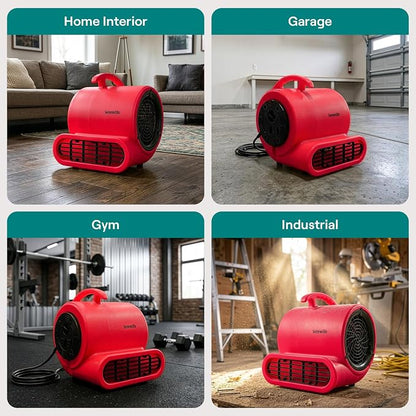 SereneLife Air Mover Blower Fan 1000 CFM – Powerful High Performance 3-Speed Fan for Floor & Carpet Drying, Portable Floor Fan w/Adjustable Tilt, Plug Multiple Units for Home Garage & Restoration Use