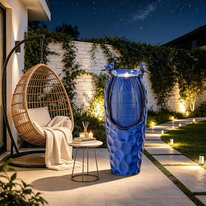 Autodaya 33" Vase Ceramic Outdoor Water Fountain with Lights and Birds | cobalt blue glazed water feature with textured design, ambient soothing cascading water flow for garden patio yard sanctuary