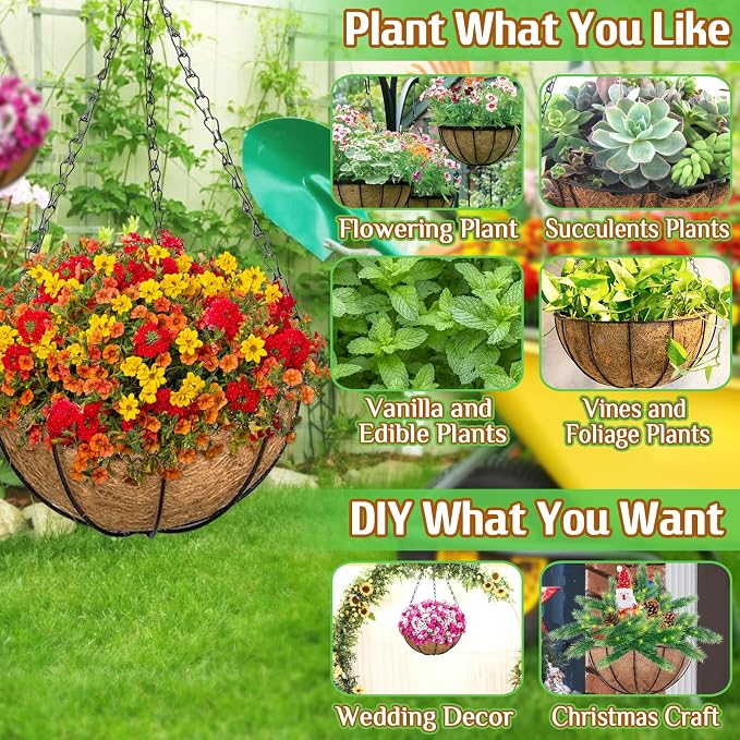 ZeeDix 2 Pack 16 Inch Large Hanging Baskets for Plants Outdoor with Coconut Liners Replacement, Hanging planters Baskets with Natural Coco Liner for Outdoor Indoor Planters Flowers Vegetables