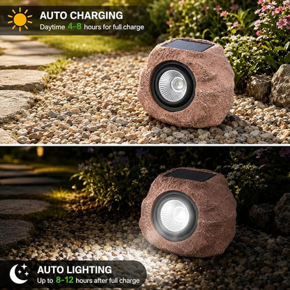 Solar Rock Lights Outdoor – 2 Pack Waterproof LED Landscape Garden Spotlights, Realistic Stone Design, Wireless Solar Powered Pathway Lights for Yard, Walkway, Patio & Lawn Decoration (Auto On/Off)