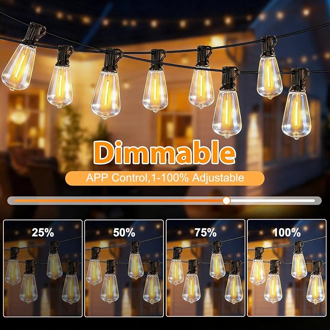 LumBelle Smart Outdoor String Lights, 50FT ST38 LED Patio Lights with Timer Remote APP Control, 22 Shatterproof LED Bulbs (2 Spare), Dimmable Waterproof Hanging Light for Backyard Porch Party Decor