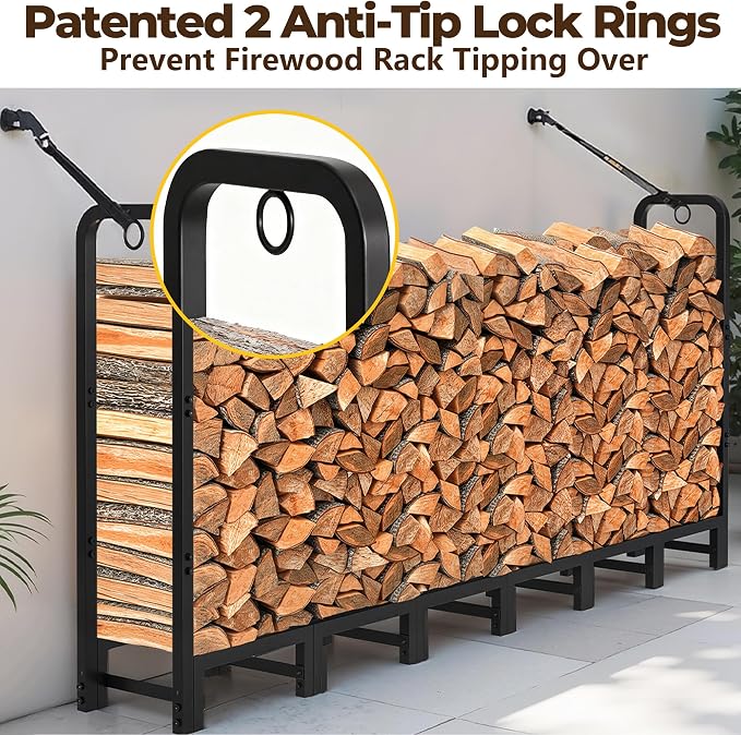 Amagabeli 8ft Firewood Log Rack Outdoor Heavy Duty Logs Holder for Fireplace Indoor Outdoor Adjustable Wood Racks for Fire Wood Holder Metal Pile Stand Storage Stacker Organizer Black