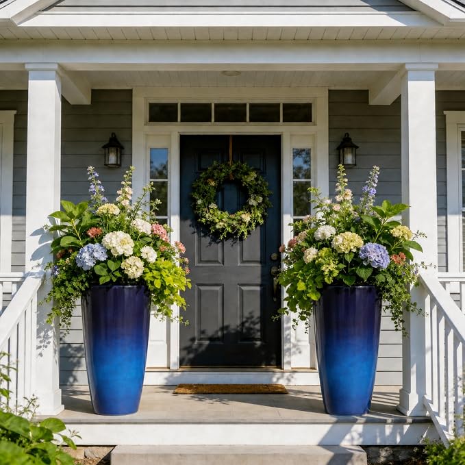 22.8" Gradient Blue Resin Tall Outdoor Planters with Drainage Holes | Set of 2 resin tall planters with deep gradient blue finish, drainage plugs, and UV-resistant surface for porch or patio