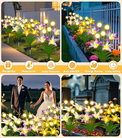 EDOF Solar Lights Outdoor Waterproof Garden Decor,4 Packs Lily Flowers Firefly Lights,Birthday Gifts for Women Mom,Solar Flowers Decorative Stakes Lights for Outside Yard Lawn Patio Porch Decorations