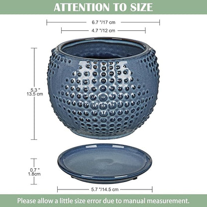 Oairse Ceramic Pot for Indoor Plants, 7 inch Plant Pot with Drainage Hole and Saucer Decorative Blue Planter with Saucer Indoor Outdoor Flower Pots for Succulent Snake Plant Pothos Orchid